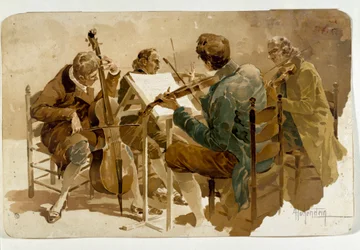 Quattro musicisti Tre violinisti e un violoncellista. Poster di Adolfo Hohenstein (1854-1928) Collezione privata