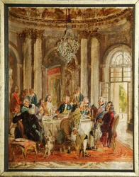 La tavola rotonda di Federico II di Prussia con Voltaire e Christoph Ludwig von Stille al palazzo di Sanssouci