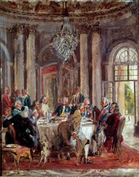 La tavola rotonda di Federico II di Prussia (1712-1786) con Voltaire (François Marie) Arouet de Voltaire (1694-1778) e Christoph Ludwig von Stille (1696-1752) al Palazzo di Sanssouci