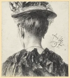 Busto di una donna con il cappello, visto di spalle