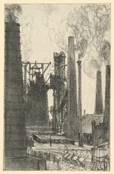Piazza della fabbrica con ciminiere fumanti (Königshütte?)