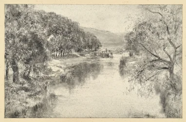 Paesaggio fluviale con viale alberato