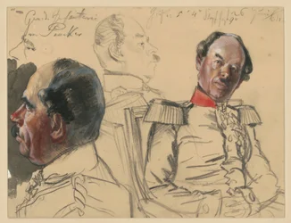 Generale di fanteria Eduard von Peucker, 1° studio del volto, di profilo verso sinistra, 2° ritratto a mezzo busto leggermente spostato verso destra, sguardo verso sinistra, in mezzo studio del volto, di profilo verso destra, studi preparatori per "L