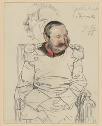 Il tenente generale von Kumowski, ritratto fino alle ginocchia, seduto di fronte, con la testa inclinata a sinistra, a sinistra: studio della testa di profilo verso sinistra, studio di ritratto per «L