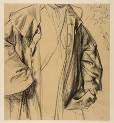 Heinrich von Kleist, La brocca rotta: studio di modello di un ufficiale in cappotto, testa non raffigurata, figura a mezzo busto con cappello nella mano sinistra e bastone nella destra