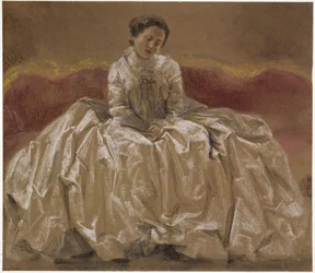 Studio dal vero (Emilie, sorella di Menzel) raffigurante la principessa Wilhelmine di Prussia (margravia Wilhelmine di Bayreuth) seduta sul divano. Studio preliminare per il dipinto “Concerto per flauto di Federico il Grande a Sanssouci”