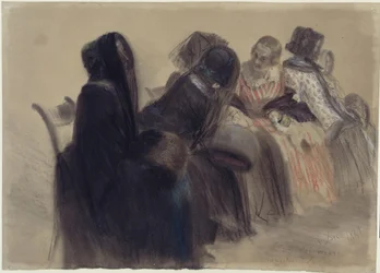 Serata musicale: sei signore sedute su delle sedie, disposte in fila verso destra che si allunga in profondità, alcune delle quali intente a conversare