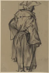 Ufficiale con cappotto e cappello, con bastone nella mano destra, veduto di tre quarti da dietro verso destra. (Studio della posa di Moritz von Anhalt-Dessau)