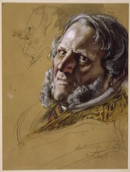 Il ministro di Stato von Patow, ritratto a mezzo busto, di profilo a 3/4, a sinistra: testa di profilo verso sinistra, studio per il ritratto in “L’incoronazione di Guglielmo I a Königsberg”
