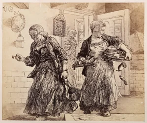 Due serve avanzano ridendo con vassoi di cibo, una ciotola ecc. Il giudice del villaggio, che sul fondo della stanza maneggia una pila di fascicoli, grida loro dietro, per «La brocca rotta» di Heinrich von Kleist