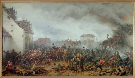 La difesa della fattoria La Haye Sainte, battaglia di Waterloo, sconfitta finale di Napoleone (olio su tela)