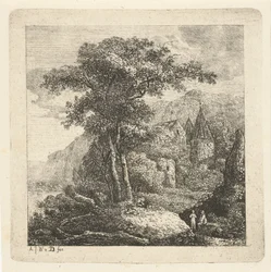 Paesaggio montuoso con alberi, castello e due figure