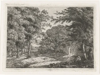 Paesaggio con cappella tra alberi e monaco che legge