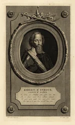 Robert Devereux, 2° Conte di Essex, favorito di Elisabetta I. In colletto di pizzo, armatura, fascia. Incisione su rame di Pieter Stevens van Gunst dopo Adriaen van der Werff dal libro di Isaac de Larrey
