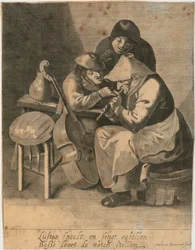 Suonatrice di flauto e due contadini