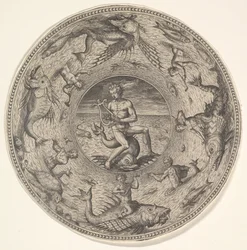 Arione su un delfino circondato da un bordo decorato con creature marine, da un set di..., 1580-1600