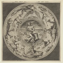 Progetto per un piatto con Arione che cavalca un delfino in un medaglione bordato da mostri marini, c. 1600