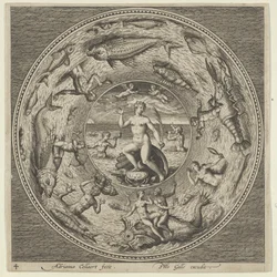 Progetto per un piatto con Galatea su una conchiglia fiancheggiata da trombettieri in una cornice medaglione, c. 1600