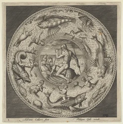 Progetto per un piatto con Nettuno in una conchiglia trainata da cavalli in un medaglione bordato da ..., c1600