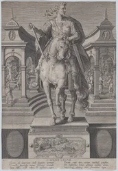 Statua equestre di Giulio Cesare, vista frontale, con una scena, ca. 1587-89