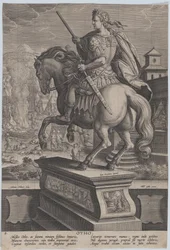 Statua equestre di Otone, vista da dietro, scena della sua morte sullo sfondo