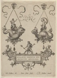 Tavola del titolo con due disegni di pendenti sopra e Nettuno in piedi su un cartiglio sotto, 1582