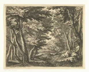 Paesaggio con tre uomini in una radura nella foresta