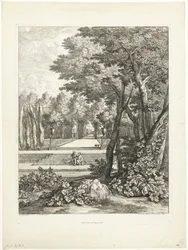 Paesaggio con coppia seduta su una scala nel giardino