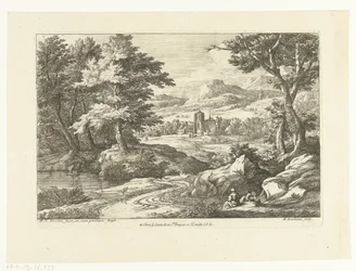 Paesaggio con due figure lungo una strada, in lontananza una chiesa