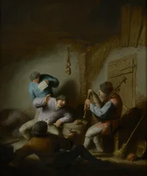 Interno di un fienile con contadini che fanno musica