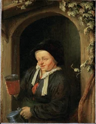 Donna alla finestra con boccale e bicchiere di birra (dipinto su legno di quercia)