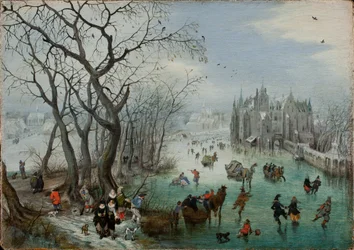 Paesaggio invernale con pattinatori vicino a un castello, 1615