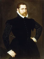 Ritratto di gentiluomo, a tre quarti, in abito nero con gorgiera bianca, 1564