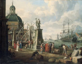 Un capriccio di un porto mediterraneo con mercanti, una coppia elegante sul molo, davanti a una statua della Speranza e una chiesa barocca, un faro, una nave da guerra olandese e altre navi oltre, 1700
