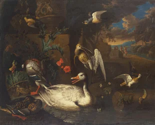 Uccelli selvatici in un paesaggio con figure
