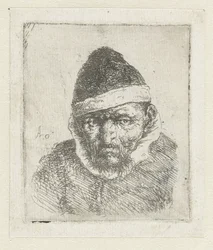 Busto di un vecchio contadino con un cappello a punta