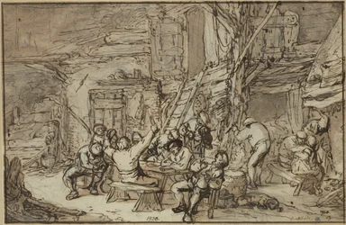 Contadini in baldoria in una taverna con un violinista