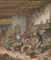 Camera in una locanda con contadini che bevono, fumano e giocano a Backgam, 1678
