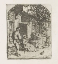 Filatrice sulla soglia di una casa