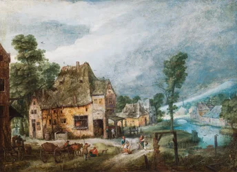 Un villaggio lungo un fiume con figure (olio su rame)