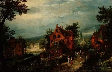 Paesaggio di villaggio con contadini