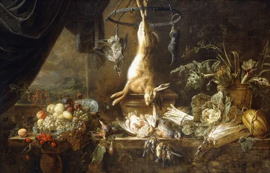Una lepre e un beccaccino appesi a un anello da caccia, frutta in una ciotola Wanli Kraak Porselein, fichi, pernici morte e fringuelli, asparagi, cavolo, finocchio e carciofi in una pentola di rame su un davanzale drappeggiato, 1650