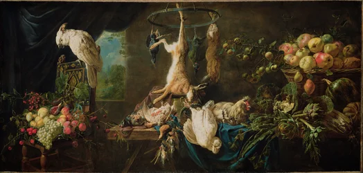 Natura morta - Selvaggina, verdure, frutta, cacatua