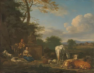 Paesaggio arcadico con pastori e animali a riposo