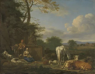 Paesaggio arcadico con pastori e animali a riposo