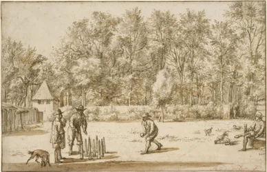 Tre uomini che giocano ai birilli