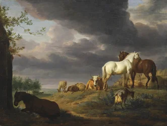 Olandese: Paesaggio con cavalli e altro bestiame Paesaggio con cavalli e altro bestiame