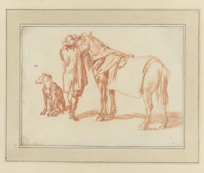 Cavaliere accanto a un cavallo e un cane