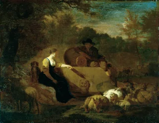 Pastore e pastorella con il loro gregge presso un pozzo