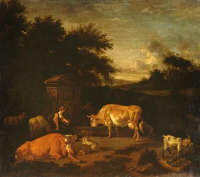 Pastorella e un Mandriano con i loro Greggi presso una Fontana Classica in un Paesaggio Boschivo